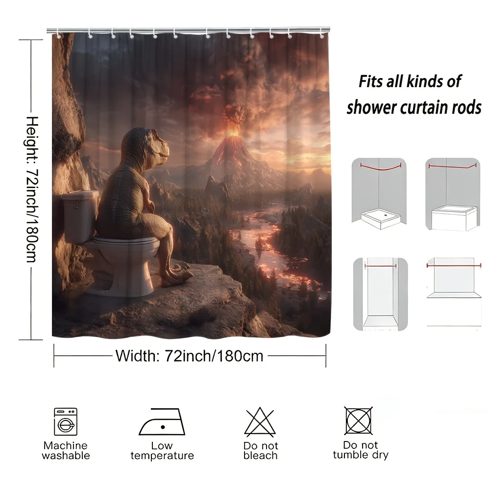 Funny Dinosaur Shower Curtain, T‑Rex Sitting On Toilet With Volcano Eruption Scene, Fun Curtain for Family Bathroom Interior