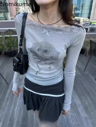 Streetwear Woman T Shirts Long Sleeve Tunic Floral Tees Chic Korean Camisetas Patchwork Lace Slash Neck Y2k T-shirt Ropa Mujer