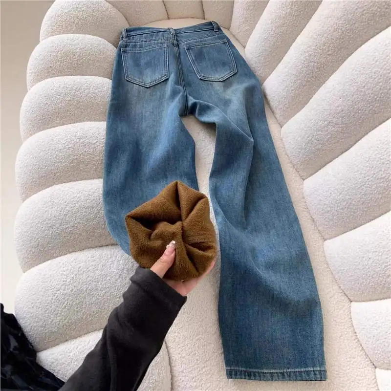 Retro Blue Narrow Version with Plush and Thick Straight Leg Jeans for Women's 2025 Autumn and Winter New High Waist Slimming Wid