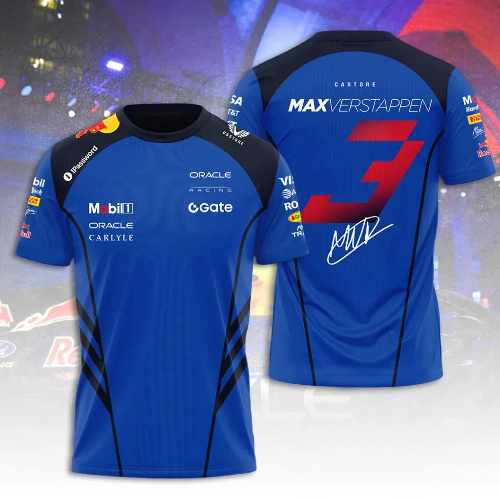 Max Verstappen Racing Team Jersey Men Blue Color Block Sponsor Badge Signature Graphic Quick Dry Short Sleeve Motorsport T Shirt
