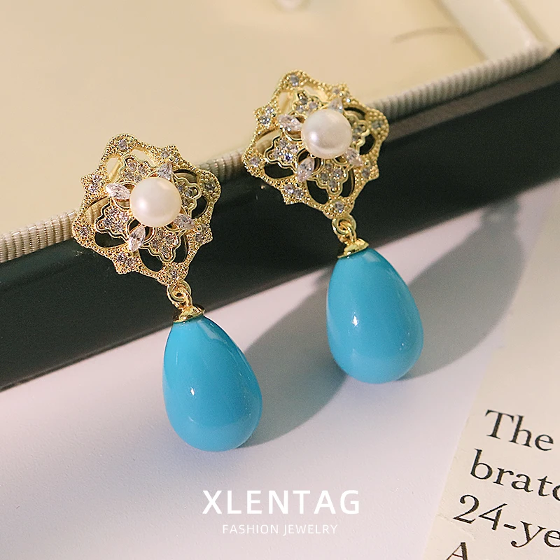 لؤلؤ المياه العذبة الطبيعية مربع الجوف الزركون مطعمة الفيروز قلادة أقراط خمر الأقراط الفاخرة النساء المجوهرات GE1747