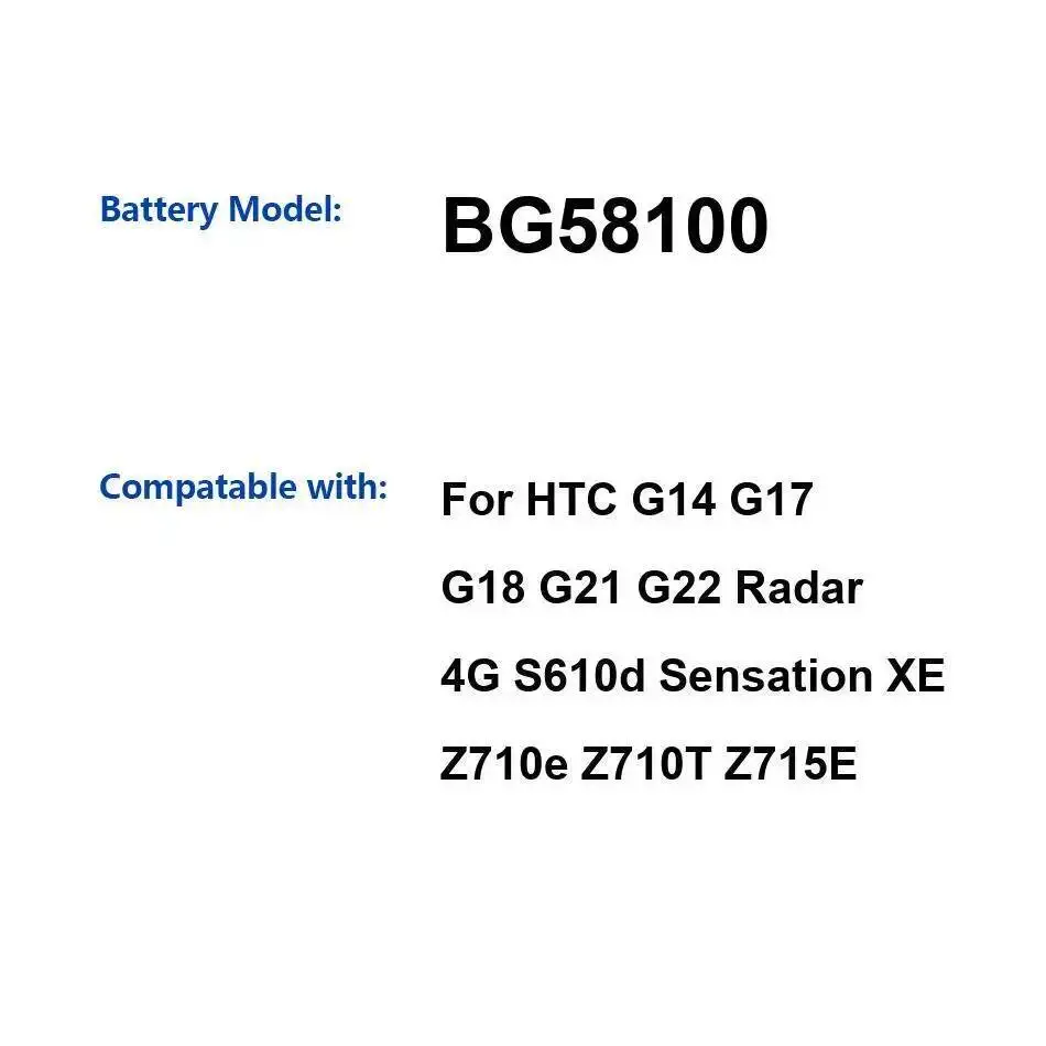 

Аккумулятор мобильного телефона BG58100 1520 мАч для Htc G14 G17 G18 G21 G22 Радар 4G S610d Sensation XE Z710e Z710T Z715E