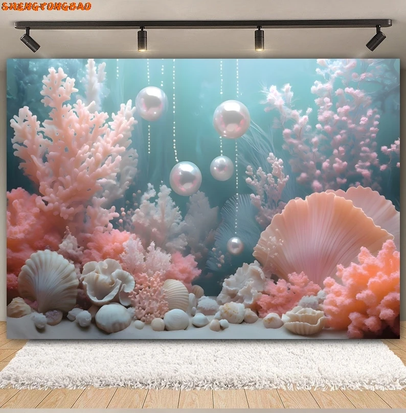 Ocean Theme Backdrop For Photography Ocean Undersea World Jellyfish Coral Little Mermaid Dolphin Background Decor Photo Studio