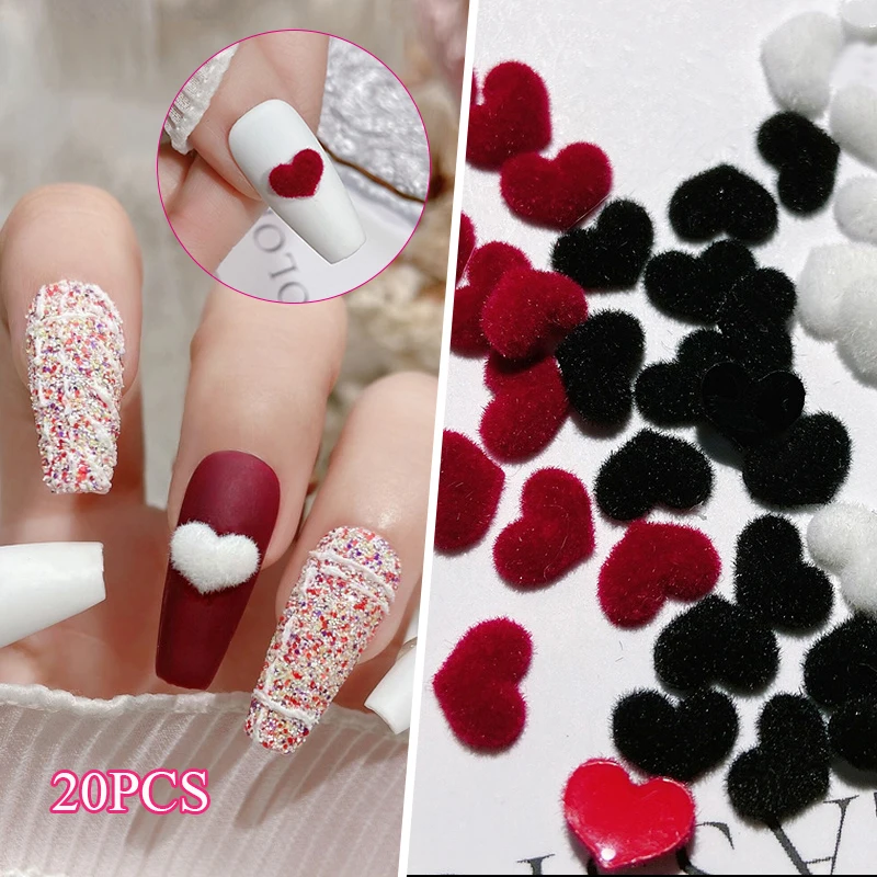 20pcs Nail Charm 3D Flocking Velvet Nail Enhancement Accessory Fluffy Nail Jewelry DIY Manicure Plush Love Heart Nail Art Decor