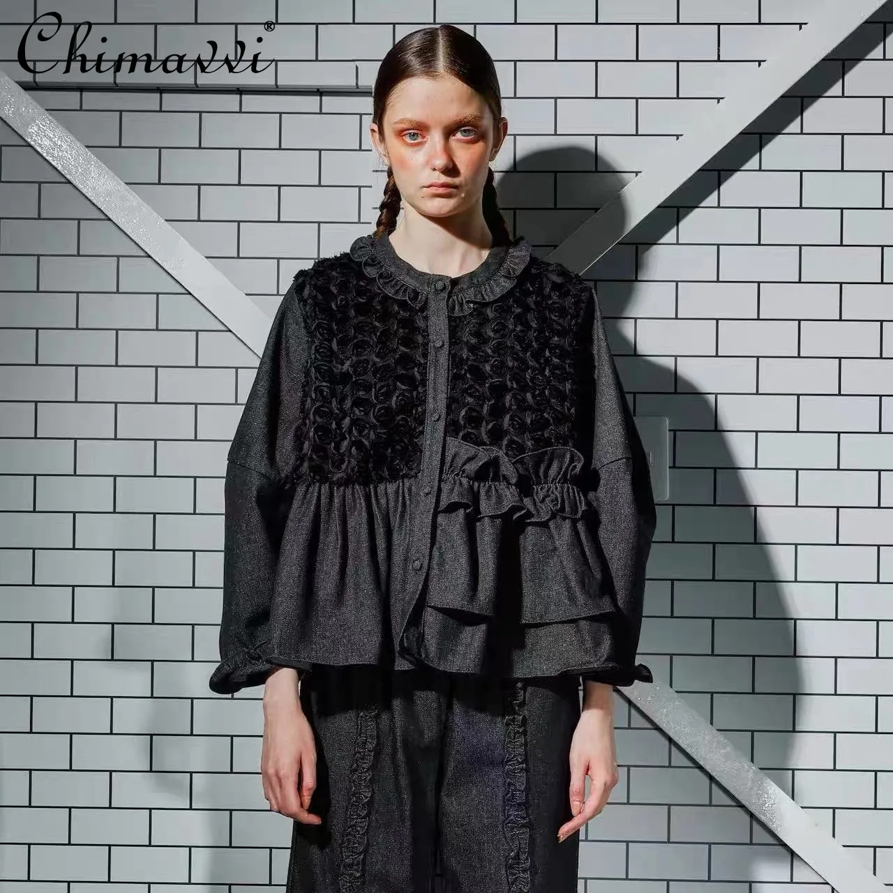 

Japanese Style Fashion Lace Flower Patchwork Thick Denim Jacket 2025 Autumn New Commuter Long Sleeve Loose Coat Women Tops