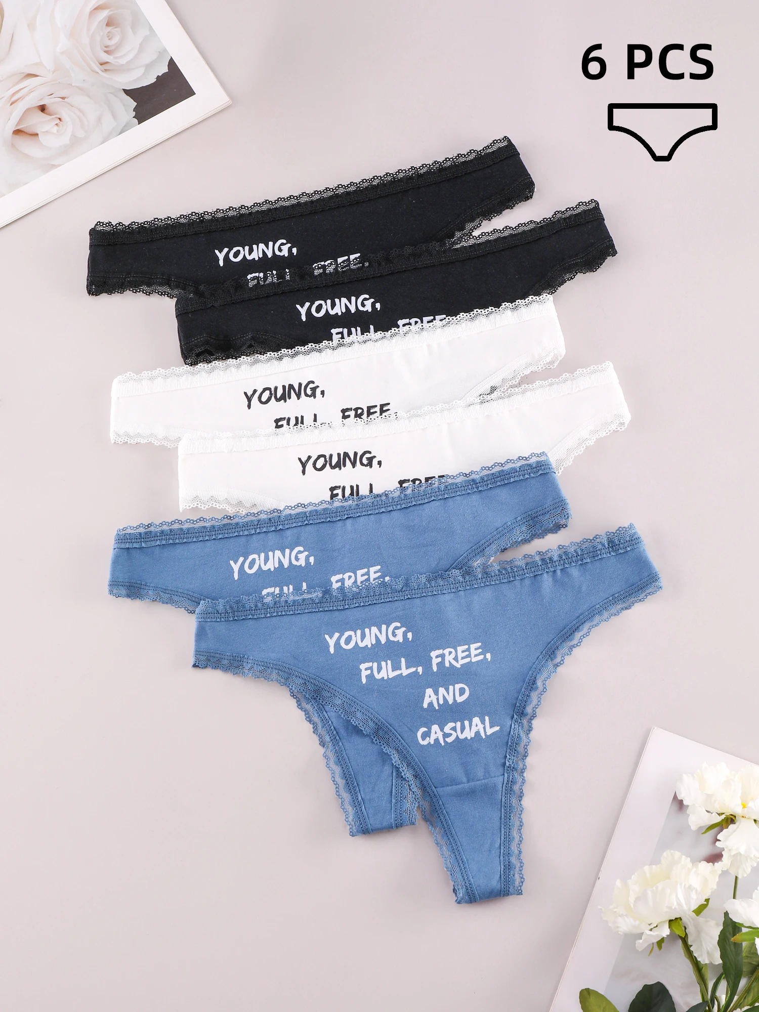 

ALDOLA 6PCS/set Women's Sexy Thongs Panties Lace Underwear Cotton letter print Lingerie Female Sports Panties