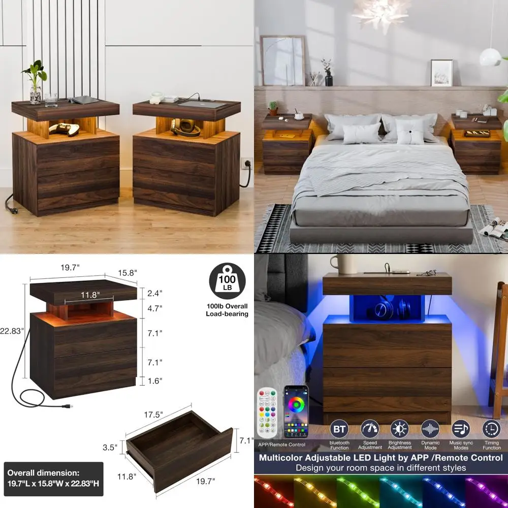 مجموعة HOMMPA مكونة من 2 منضدة ريفية مع محطة شحن لاسلكية وطاولة بجانب السرير LED مع طاولة نهاية ذات درجين مع رف مفتوح Smar