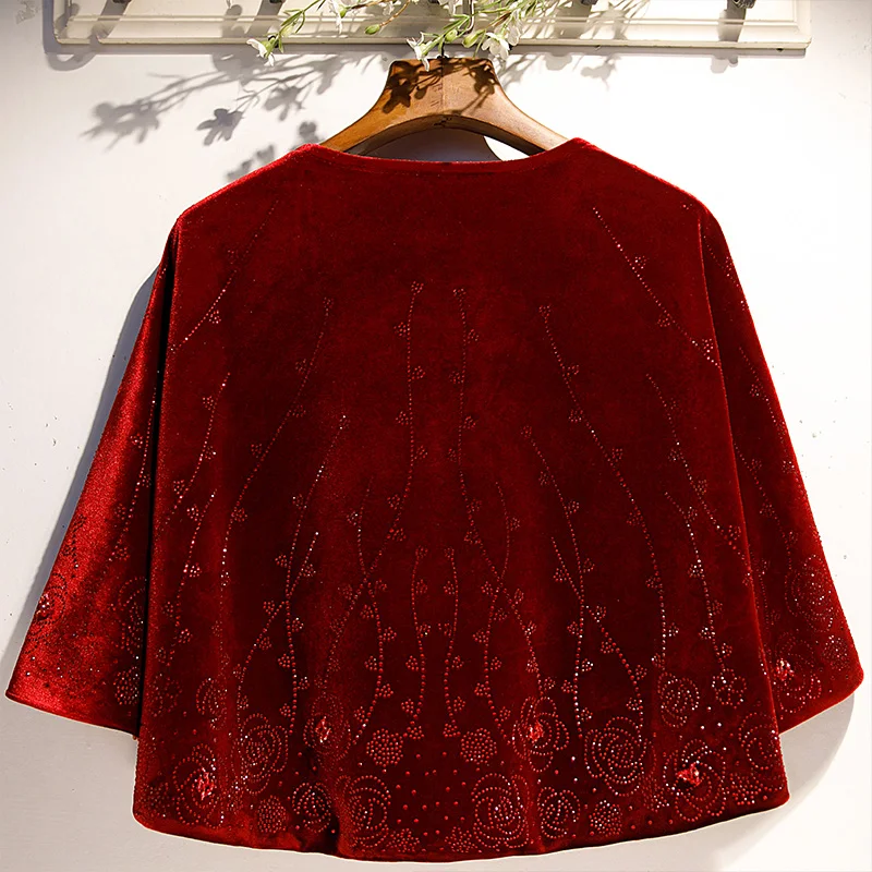 Women\'s Autumn Winter Diamonds Beaded Wine Red Velvet Pashmina Female Winter Warm Shawl Cloak Velvet Collar R1642