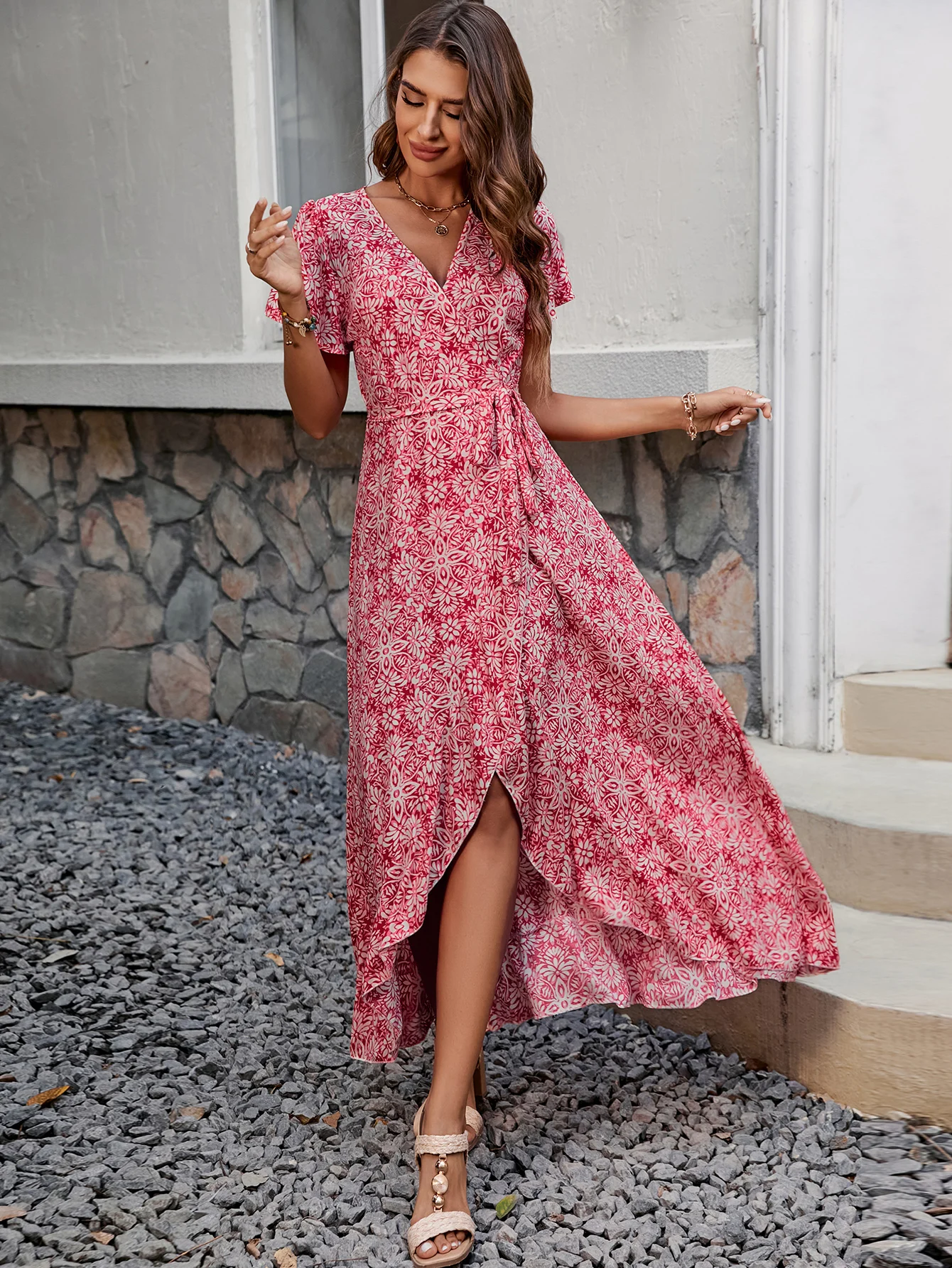 Summer New V-neck Print Short-sleeved Vacation Style Floral Print Slim Long Dress Casual Streetwear Boho Beach Y2k