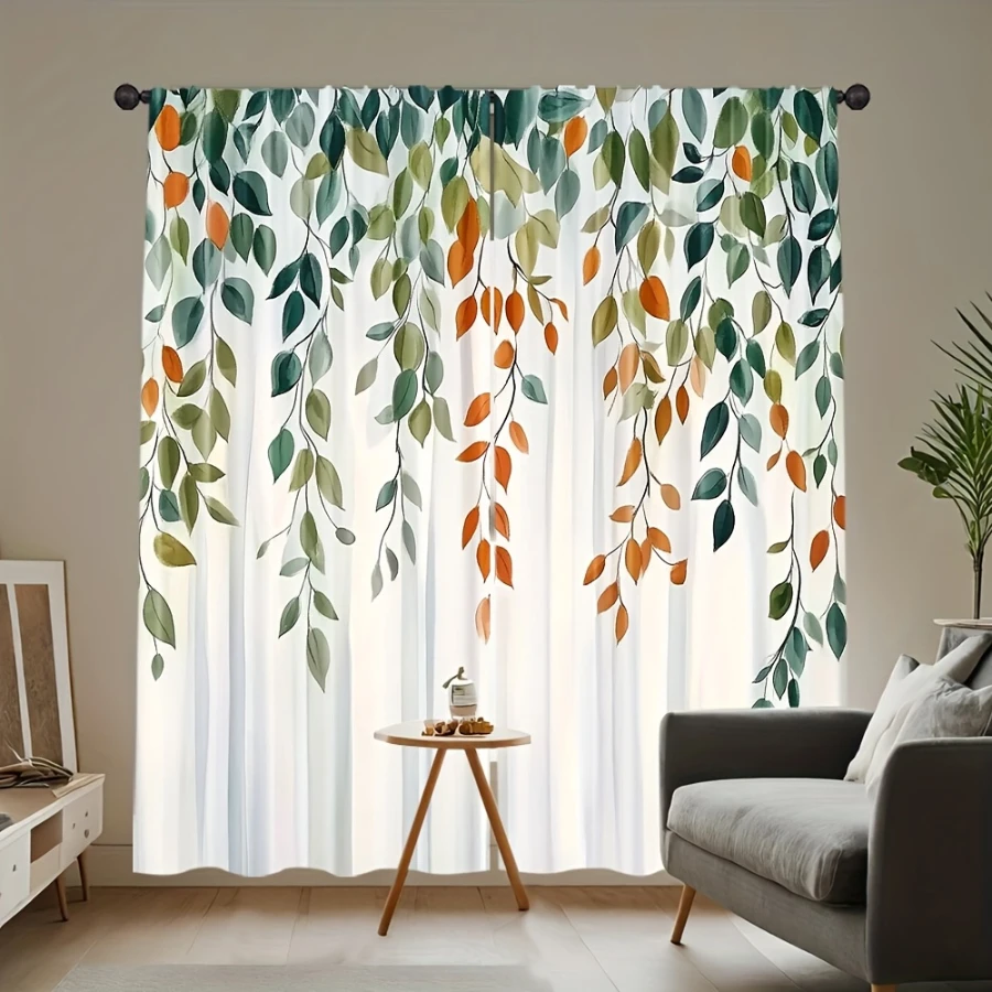 2PCS Digital Print Curtains, Teal Orange Hanging Branches, Vibrant Two Tone Botanical Decor Bold Color Contrast Bedroom Drapes