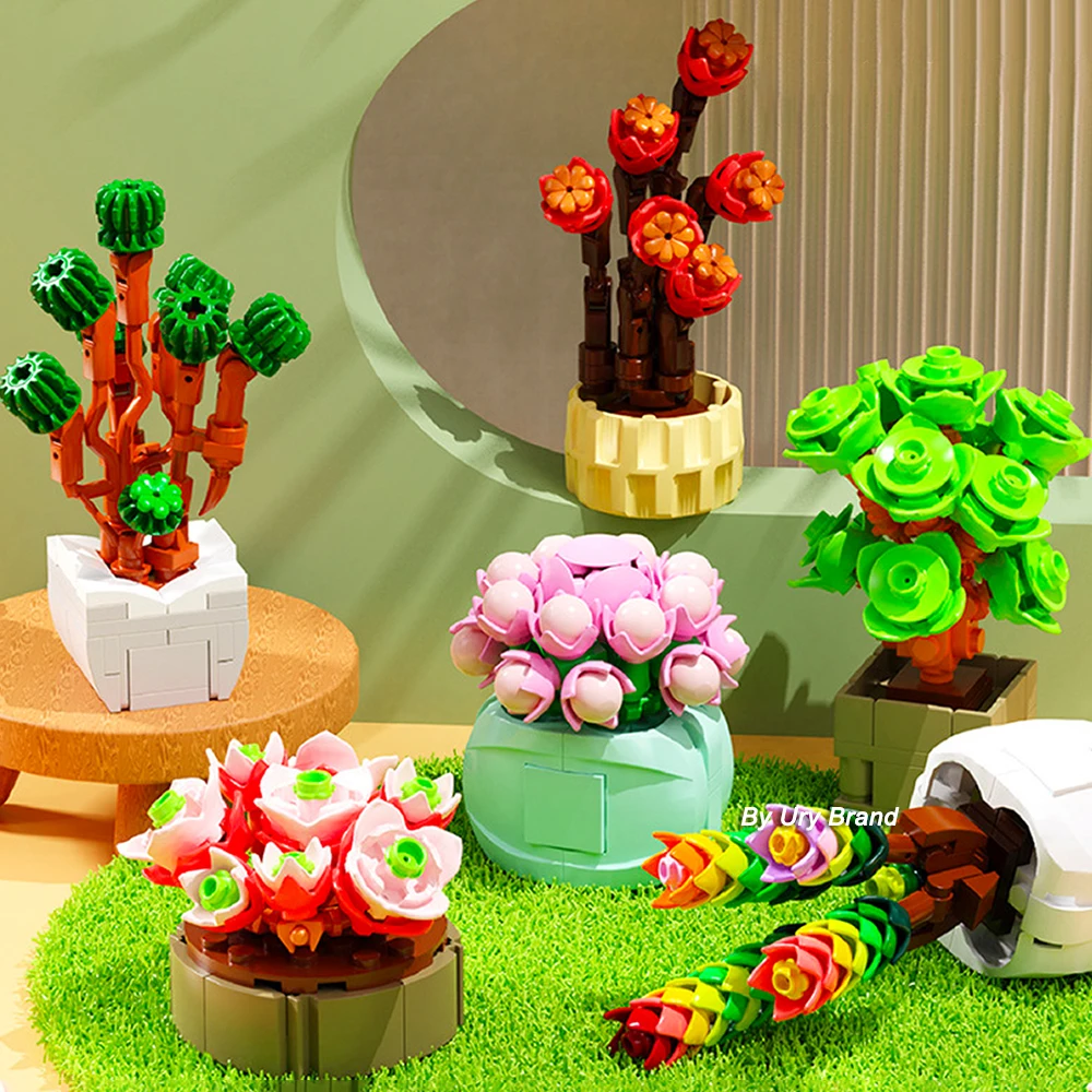 Flower Bouquet Friends Creative Desktop Succulent Plants Bonsai Decoration MOC Model Building Blocks Toys for Girls Gifts