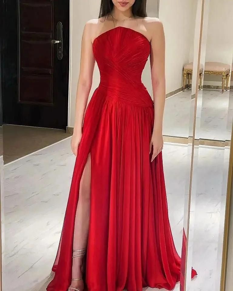 Elegant Burgundy Red Chiffon Evening Dress Strapless Pleated High Split Floor Length A-Line Wedding Banquet Guest Prom Gown