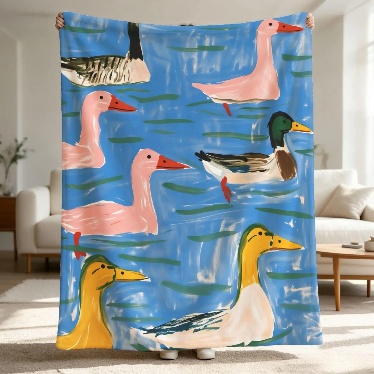[Flannel Blanket] Colorful Duck Blanket, Oil Painting Style Throw Blanket, Blue Water Scene Decoration, Comfortable Gift