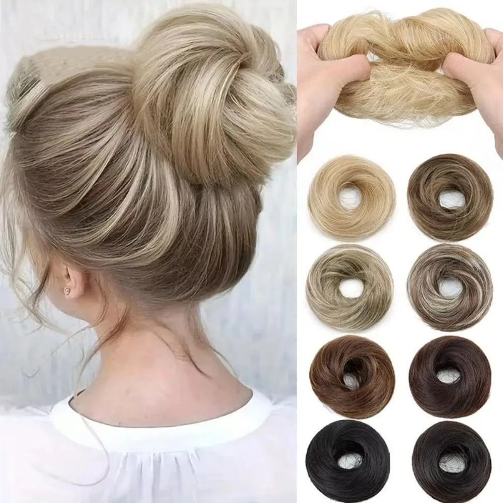 Fashion Fluffy Messy Bun Scrunchies Golden Brown Elastic Rubber Band Synthetic Straight Hair Hair Bun Updo Hairstyle