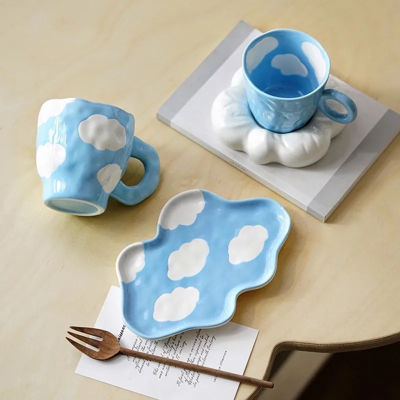 

Hand Drawn White Cloud Ceramic Cup, Italian Espresso Cup, Hand Pinched Irregular Flower Cloud Breakfast, Milk Tea Cup, Saucer