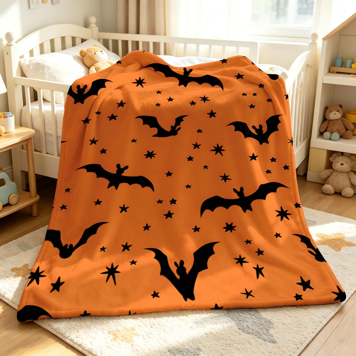 Orange Rabbit Bats Flannel Blanket Warm Soft Halloween Christmas Decorative Couch Warm Cozy All-Season Gift