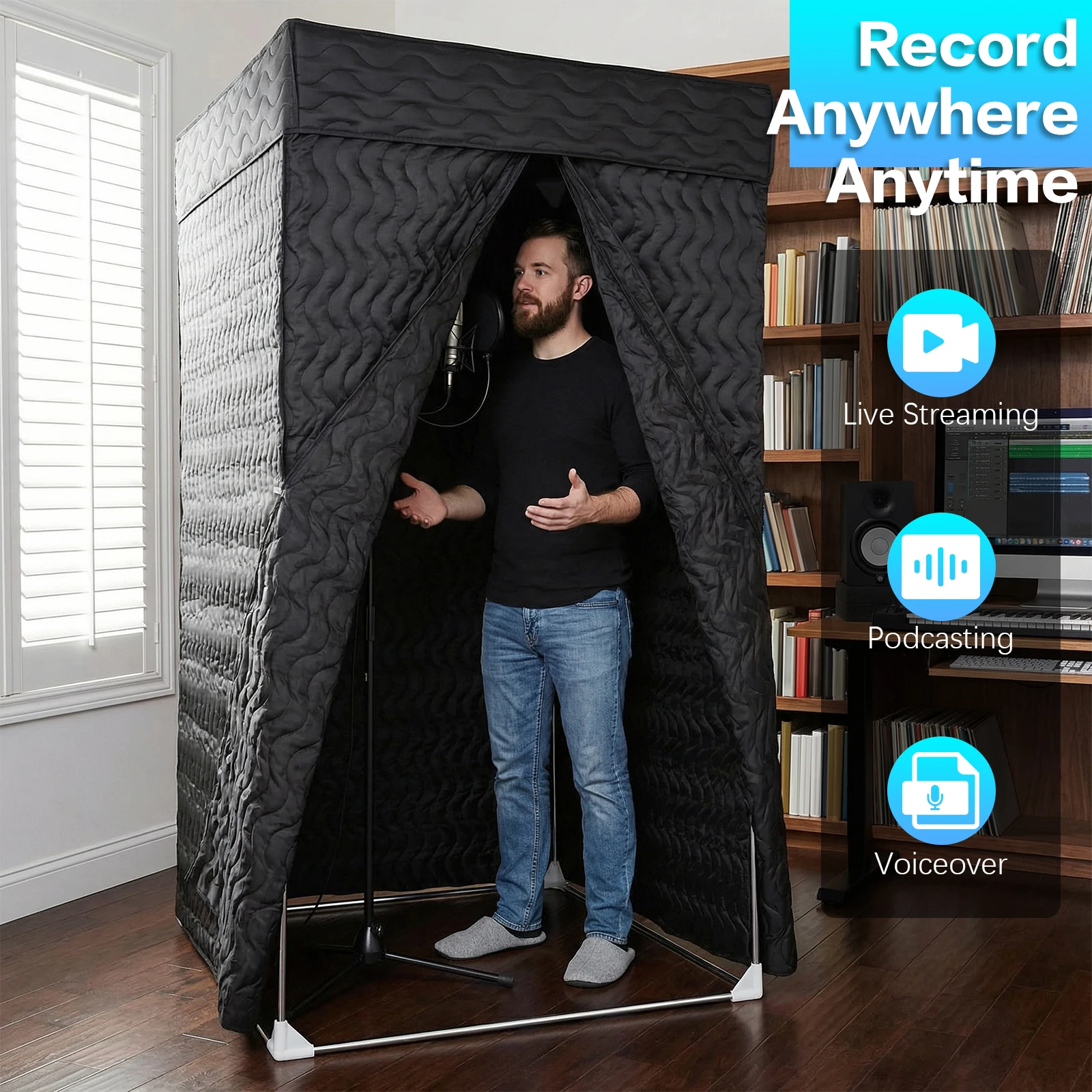 

Foldable Sound Isolation Booth Home Studio with Thick Acoustic Blankets 360 Degree Reverb for Voice Over Podcast Music Singer