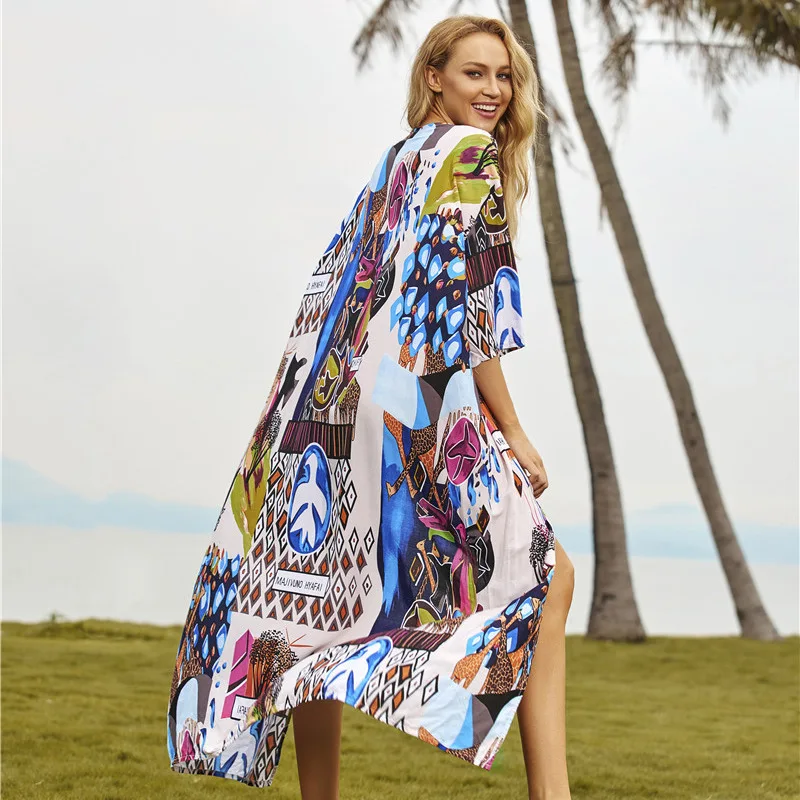 Women Cotton Beach Cover Up Sleeveless Printed Kaftan Dress for Vacation Swimwear Outerwear Lightweight Summer Resort Wear