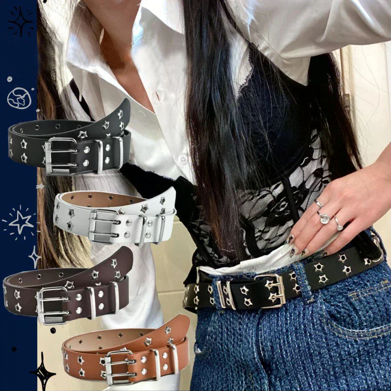 Fashion Men Women Punk Style Chain Belt Adjustable Hollow Star Double Breasted Buckle Metal Buckle Leather Jeans Waistband