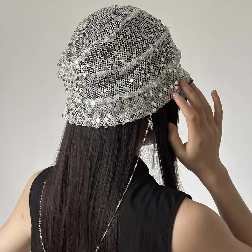 French Retro Sequin Beanie Chic Hollow-out Mesh Slouchy Hat with Silver Chain, Small Face Effect Summer Cap for Stylish Women