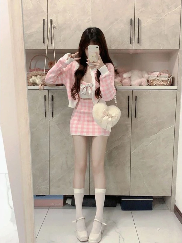 Kawaii clothing 3 Piece skirt Set Women Pink Plaid Cardigan + Casual Vest + Y2k sweet Mini Skirt elegant Korean fashion suits