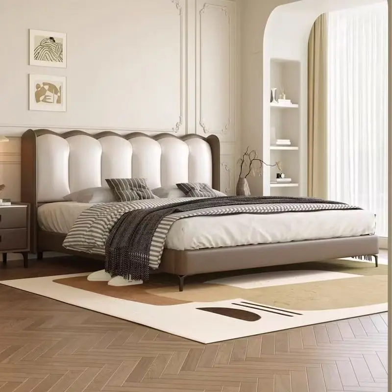 #￥Cheap Price New Arrival Luxury Hotel Bedroom Furniture King Size Bed Frame with Contemporary Soft Wood Mid-century Modern Bed