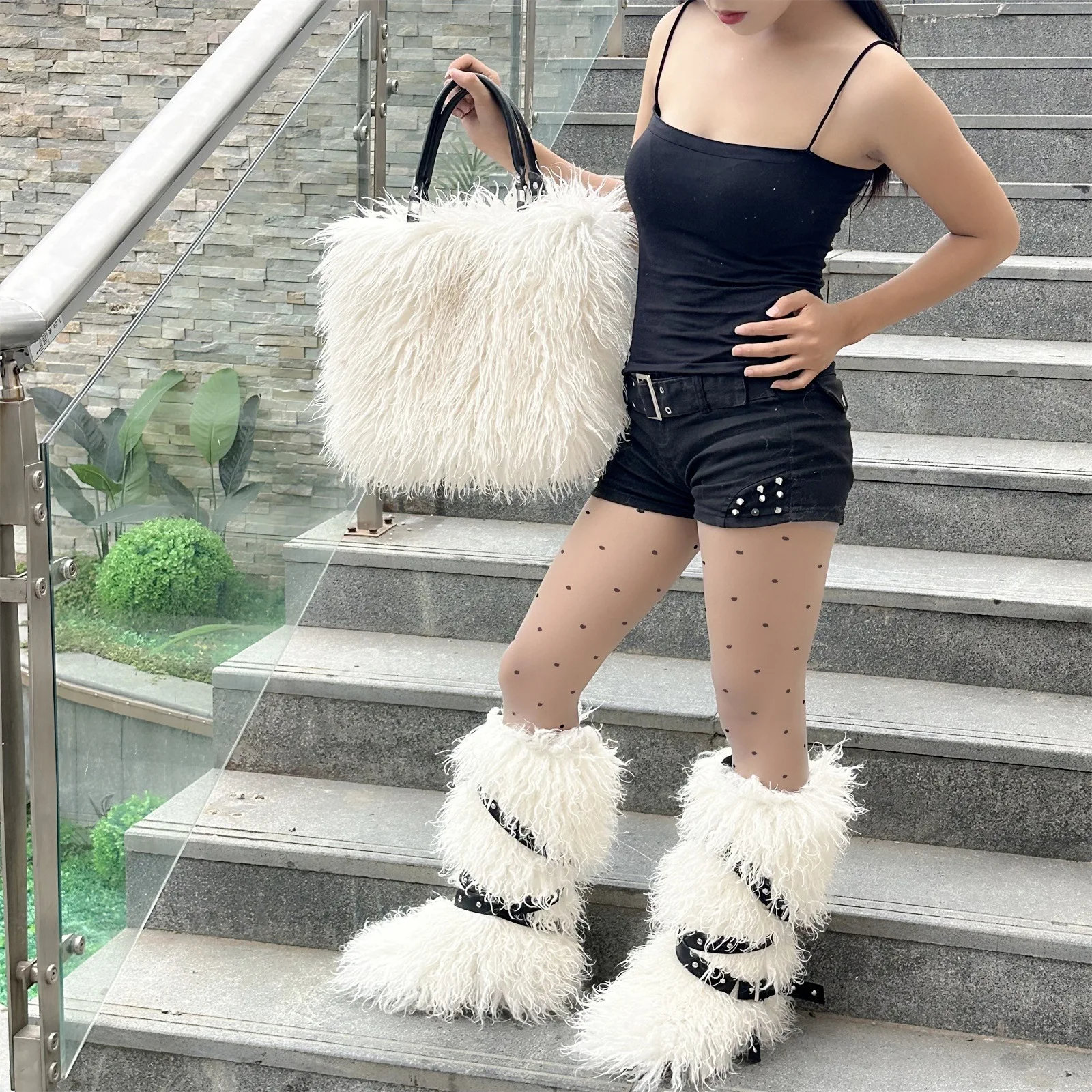 New Cross-border Faux Sheep Fur Set, Women Handbag Tote Bag & Flat Belt Furry Snow Boots, Winter Plush Outfit