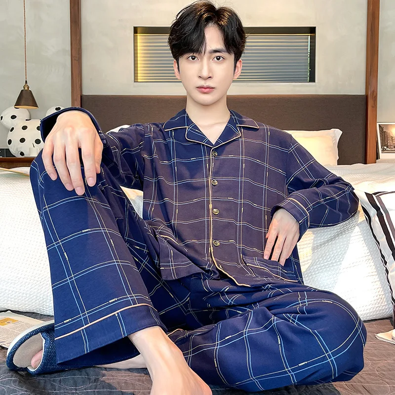 

Spring Autumn Men's Cotton Pajamas Long Sleeve Lapel Plaid Cardigan Pants Oversized Loose Fitting Casual Home Clothing Set