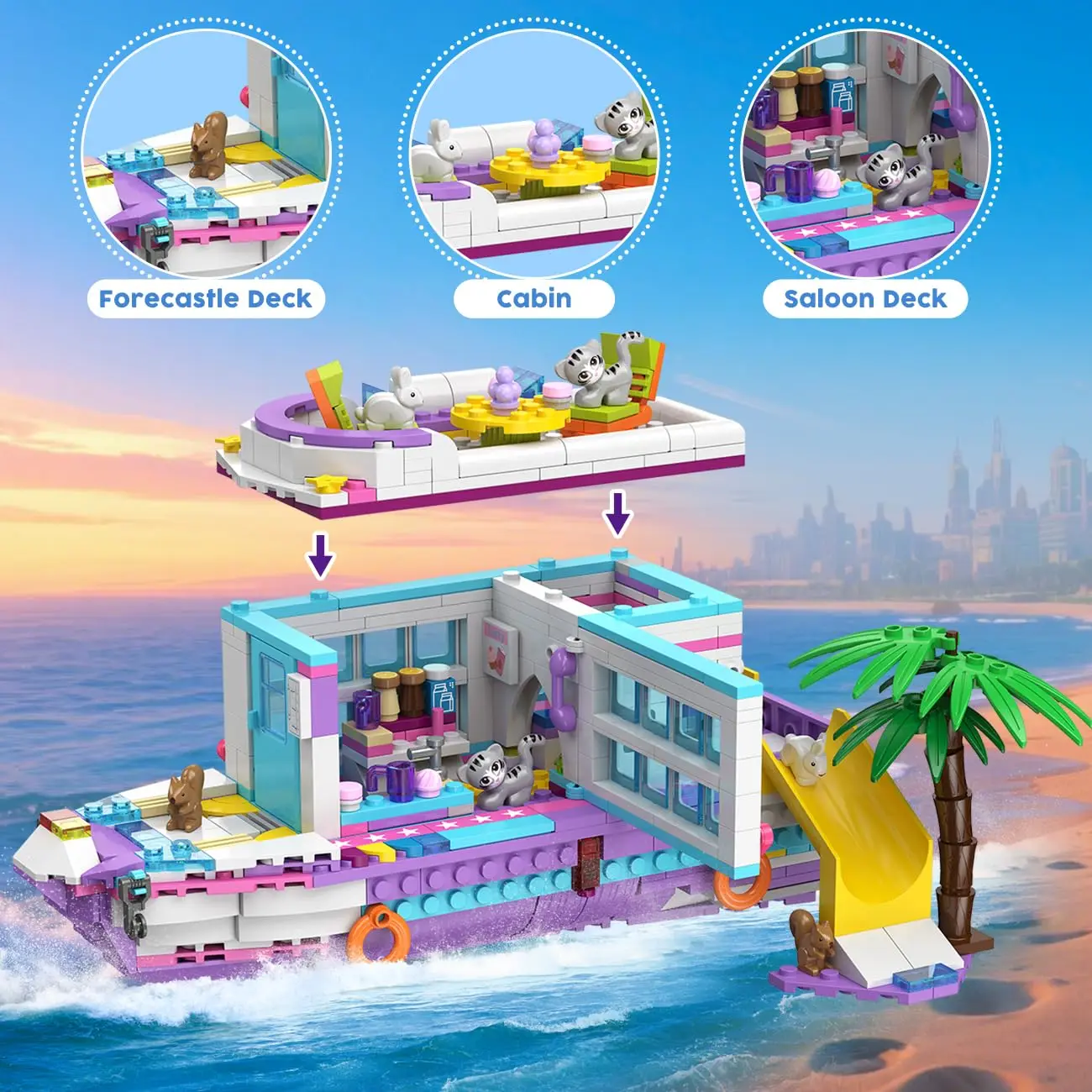 مجموعة ألعاب بناء الطائرة 3 في 1 من HOGOKIDS - طائرة/قارب/معسكر مع 6 حيوانات صغيرة لطيفة وإكسسوارات ممتعة وملصقات هدايا للأطفال #3