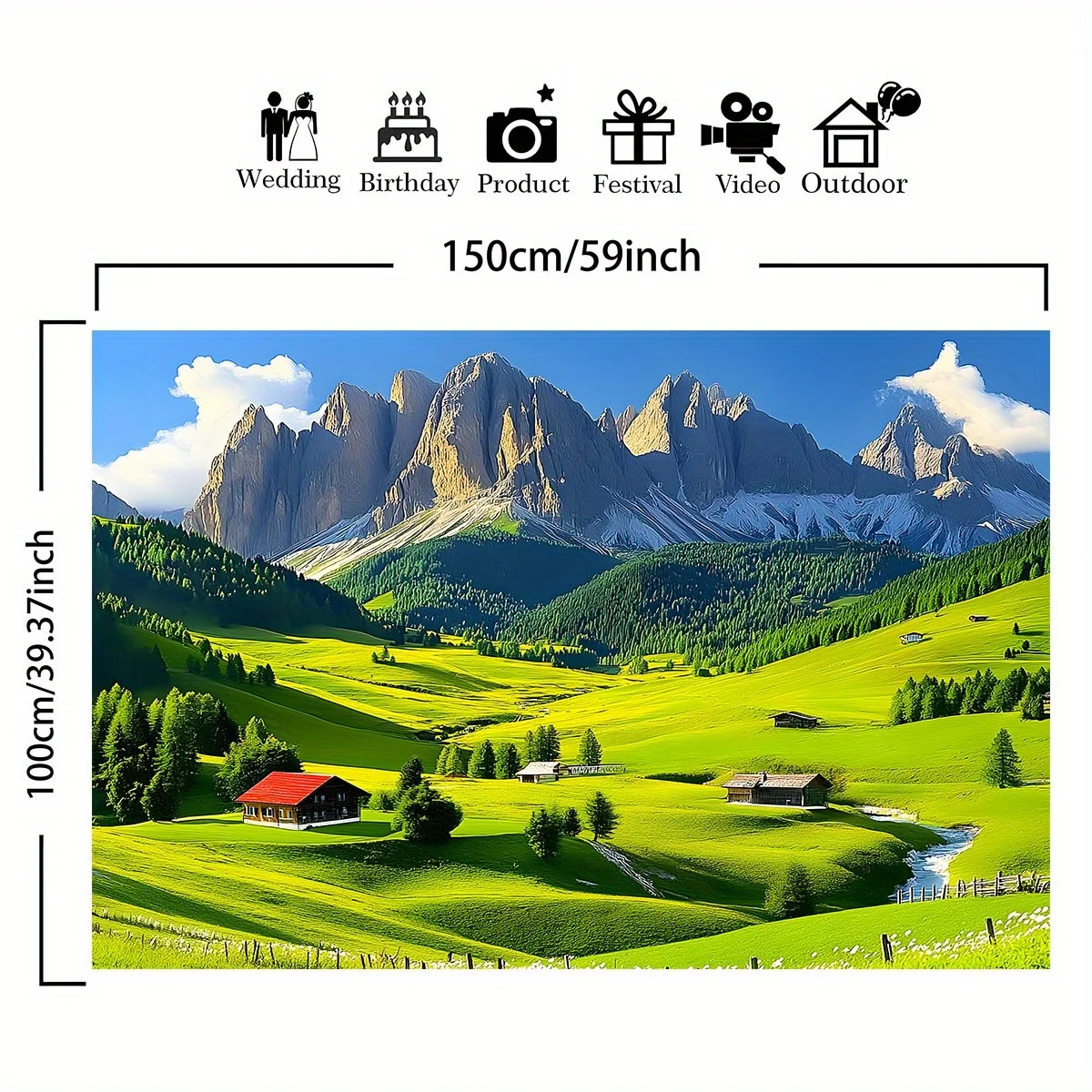Alpine Mountain Meadow Green Valley House Tapestry Swiss Austria Landscape Blue Sky White Cloud Nature Scenery Wall HangingDecor