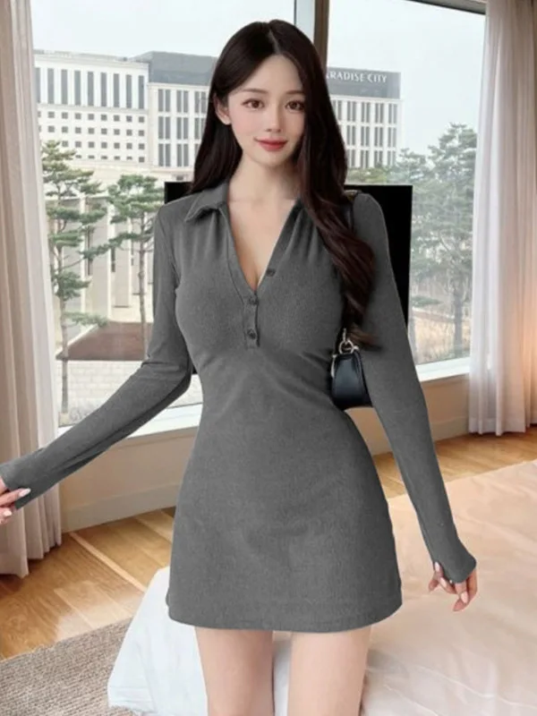 Женское трикотажное платье с отложным воротником, однобортное короткое платье с длинным рукавом и поясом на талии, модель F299 в Корейском стиле на осень/зиму