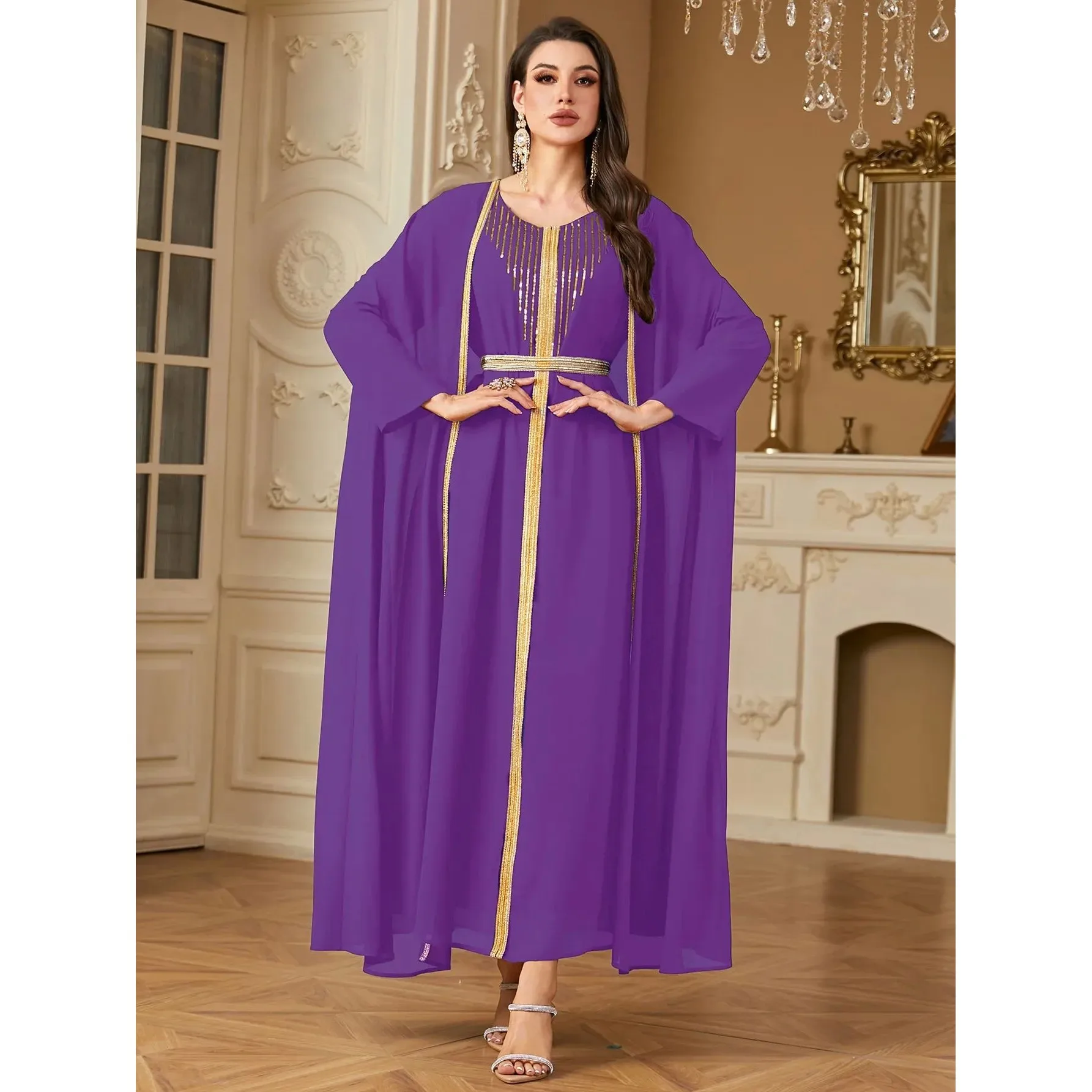 

Роскошное модное платье из 2-х частей в марокканском, турецком, дубайском и ближневосточном стиле, А-силуэт, с длинными рукавами, цельное, с поясом, женское