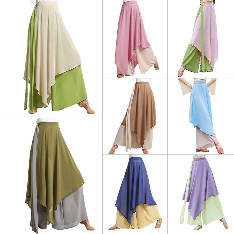 Women's Elegant Wide-Leg Pants Chiffon Culottes Classical Dance Practice Clothes Chinese Modern Dance Adult Folk Dance Pants