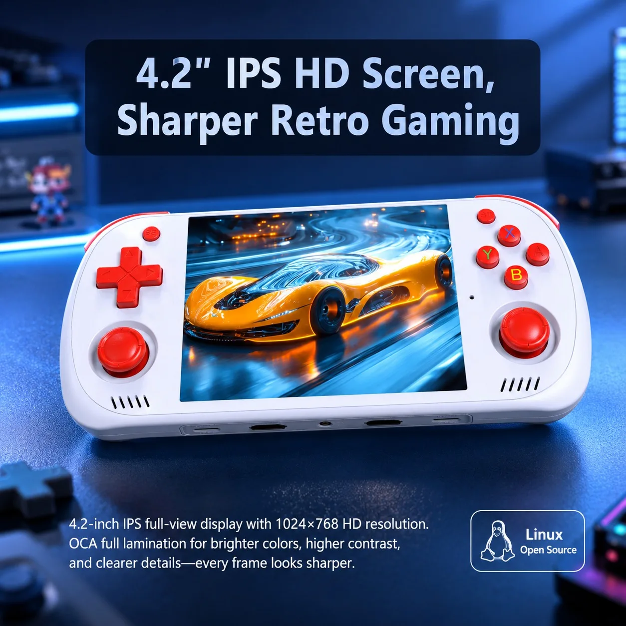 R36H PROMAX Retro Handheld Game Console, 4.2 Inch OCA Screen, RK3326 ARM 64Bit, ARKOS2.0 Simulator Portable Game Console, Built-