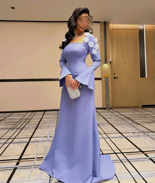 Personnalisé de haute qualité manches longues longueur De plancher Court Train violet bretelles fermeture éclair fleurs femmes robe robes De Graduação