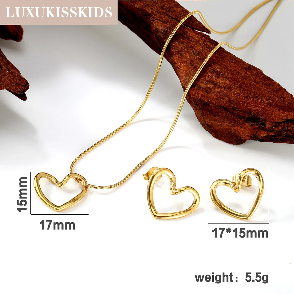 LUXUKISSKIDS Simple Hollow Love Heart Pendant Necklace Sets for Women Fashion Creative Golden Earrings Jewellry Set for Party