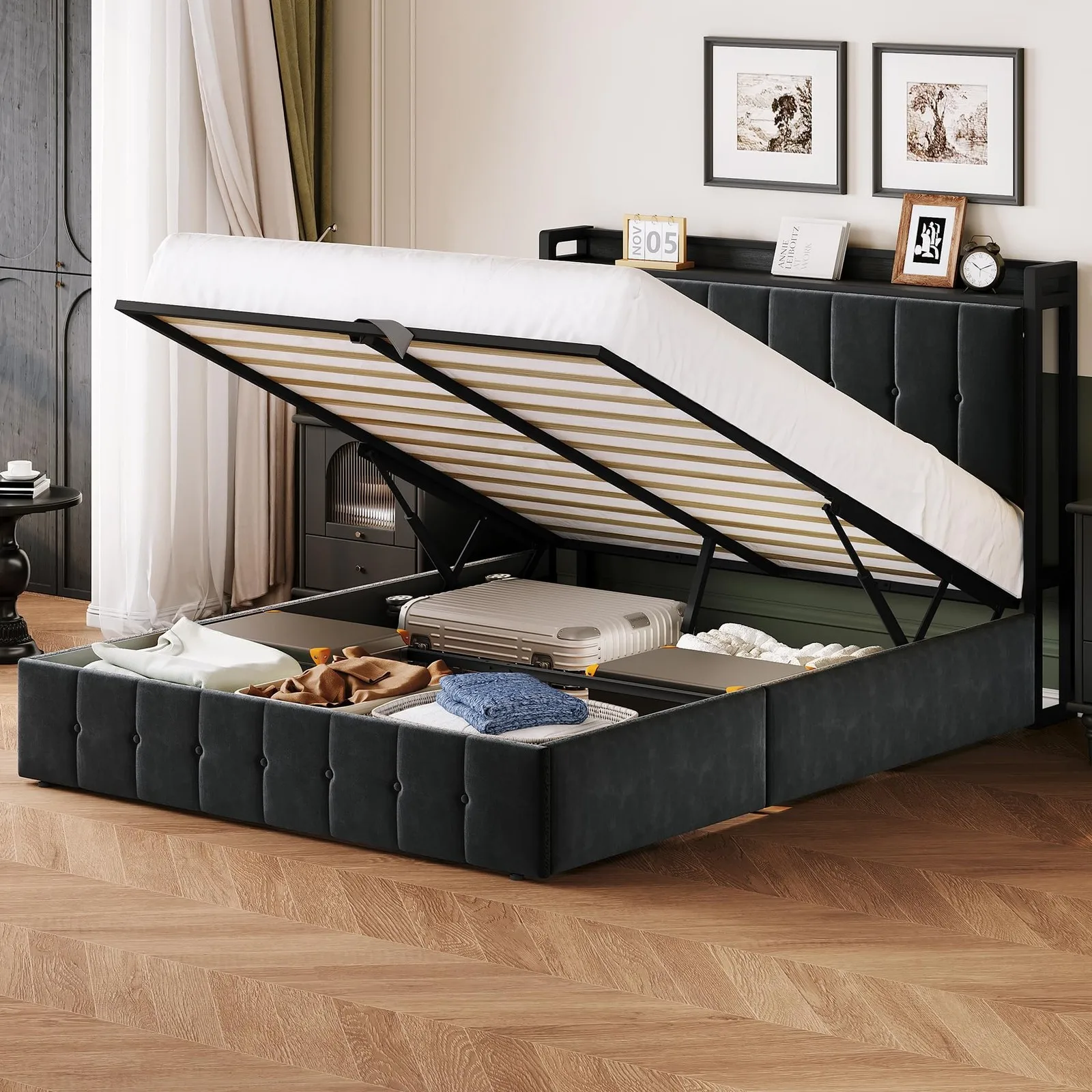 

Full Size Lift Up Storage Bed Frame, w/Headboard Upholstered Metal Platform Bed