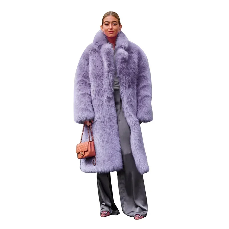 Women Purple Thick Faux Fur Jacket Colorblock Autumn Winter Maxi Coat Long Warm Luxury Belt Fur Parkas Bontjas Furry Outerwear