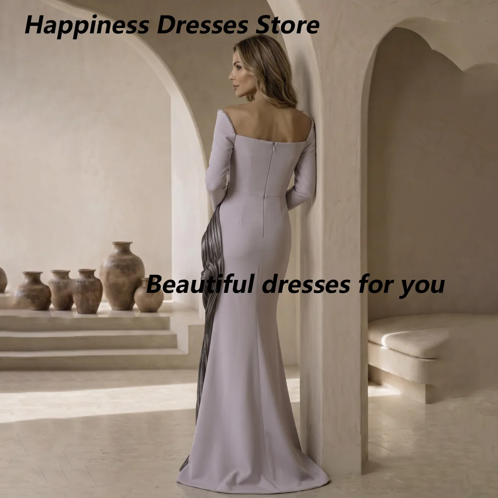 Customized Dusty Lavender Off Shoulder Mother Of The Bride Gown  Long Flare Sleeve Metallic Ruched Mermaid Wedding Evening Dress