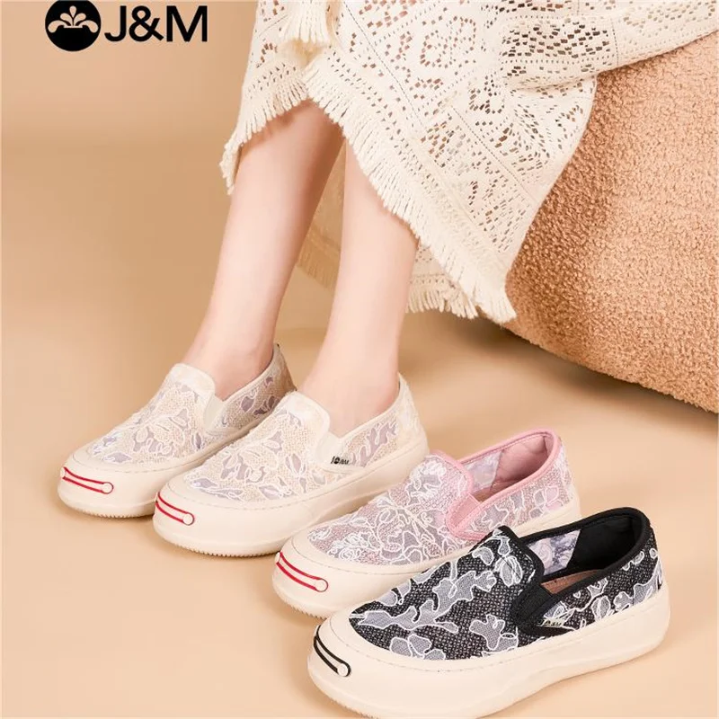 J & m-女性用レースアップモカシン,カジュアルシューズ,通気性メッシュ,白,ウォーキングスニーカー,夏のファッション