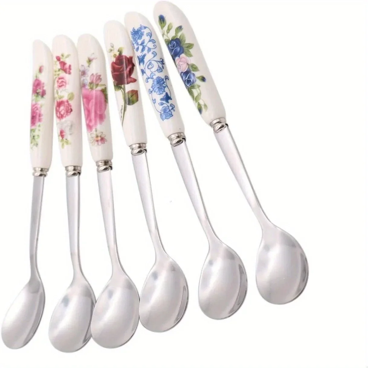 6 Pack Stainless Steel Coffee Spoon Ceramic Handle Teaspoon Sugar Spoon Ice Cream Desert Spoon Stirring Soup tableware