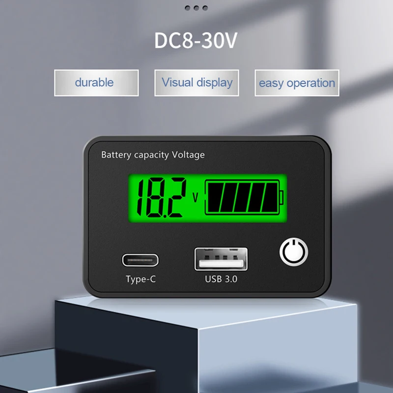 12V 24V Battery Capacity Indicator Lead Acid Lithium Batteries Level Tester Type-C USB DC 8V-30V Universal Digital Voltage Meter