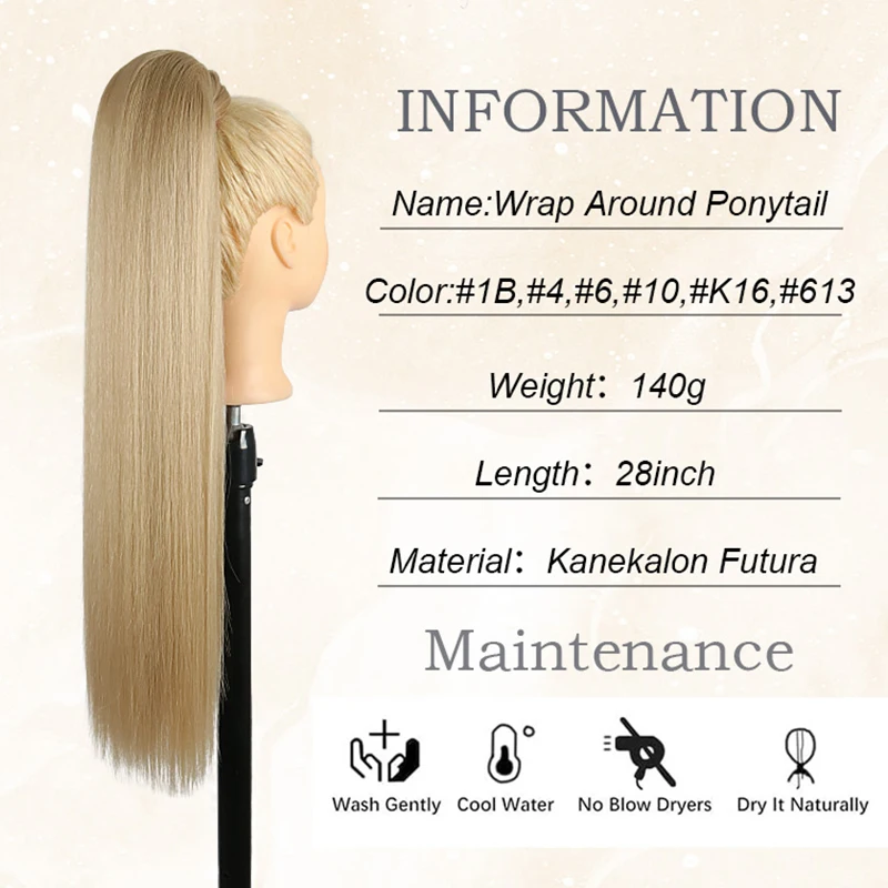 Snowdrop Synthetic Long Straight Wrap Around Clip In Ponytail Hair Extension Blonde Colored Pony Tail Fake Hair