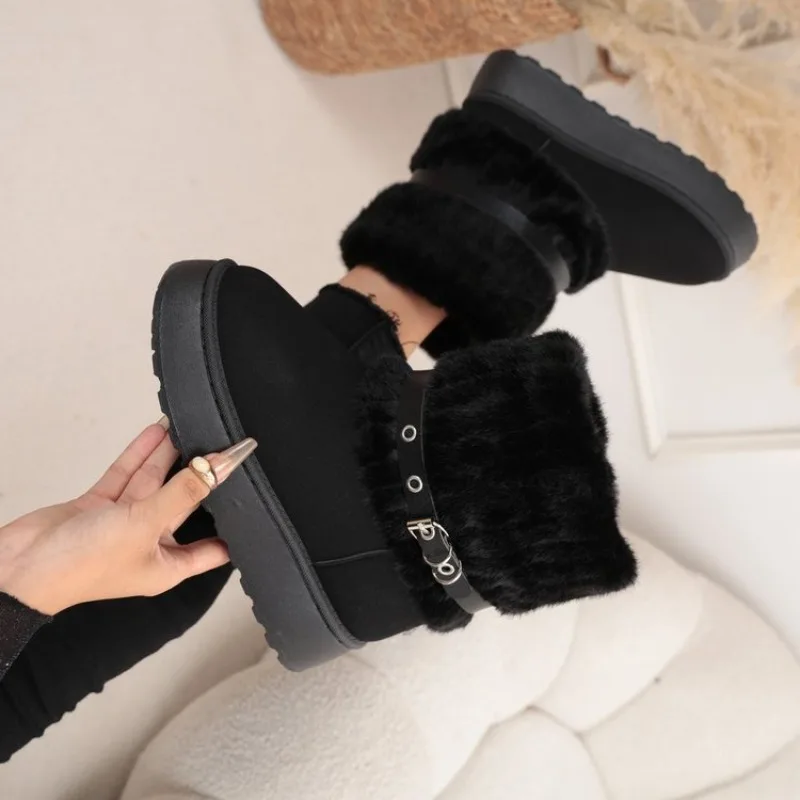 Women's Ankle Boots Round Toe Platform Fluffy Collar Buckle Strap Detail Suede-Look Finish Slip-On Winter Cold Weather Footwear