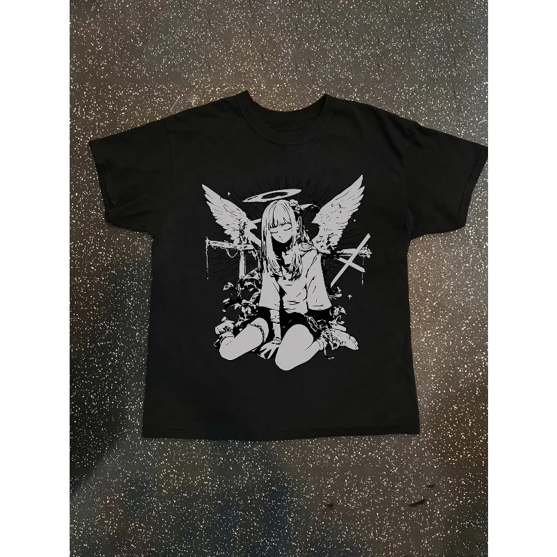 Women's Y2K Dark Angel Girl Printed Short Sleeved T-shirt, Unisex T-shirt, Oversized Trendy Y2K T-shirt