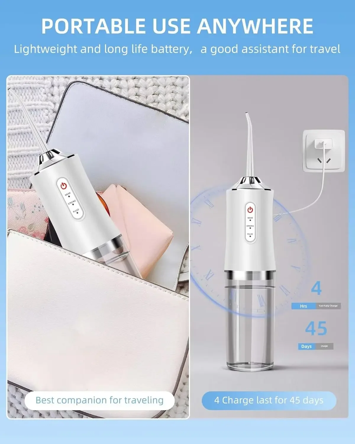 Oral Irrigator Portable Water Flosser, USB Rechargeable Water Jet Tooth Pick + 4 Jet Tip 3 Modes Waterproof Teeth Cleaner view 6