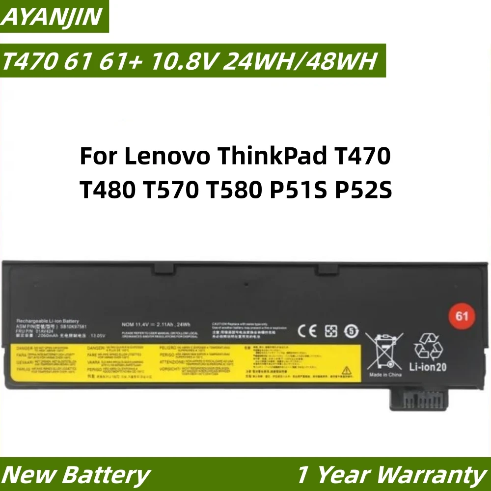 

01AV428 10.8V 6600mAh Laptop Battery for Lenovo ThinkPad T470 T480 T570 T580 P51S P52S 01AV427 01AV423 SB10K97580 61++