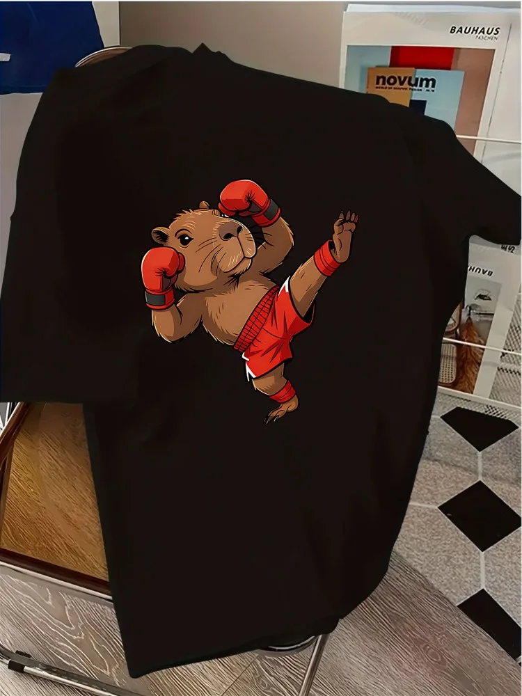 Vibrant Blue Mens Loose Fit T Shirt Kickboxing Capybara Fighter Cartoon Graphic Cotton Short Sleeve Sport Casual Daily Shirts