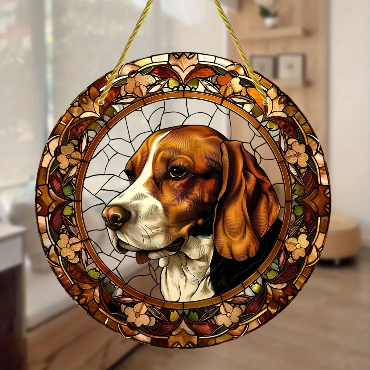 Beagle Dog Stained Glass Window Hanging Suncatcher,Round Acrylic Sign for All-Season Decoration,Wreath,Garden,Home,Office Decor