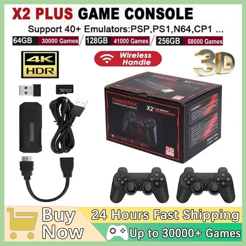 Nuevo X2 Plus Game Stick, Consola de Videojuegos 4K HD, Control Inalámbrico Doble de 2.4G, Game Stick para N64/PSP/PS1/GBA